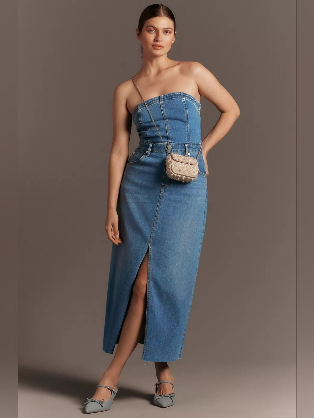 NEW Pilcro Anthropologie The Madi Front Slit Blue Blue Denim Dress Size Large